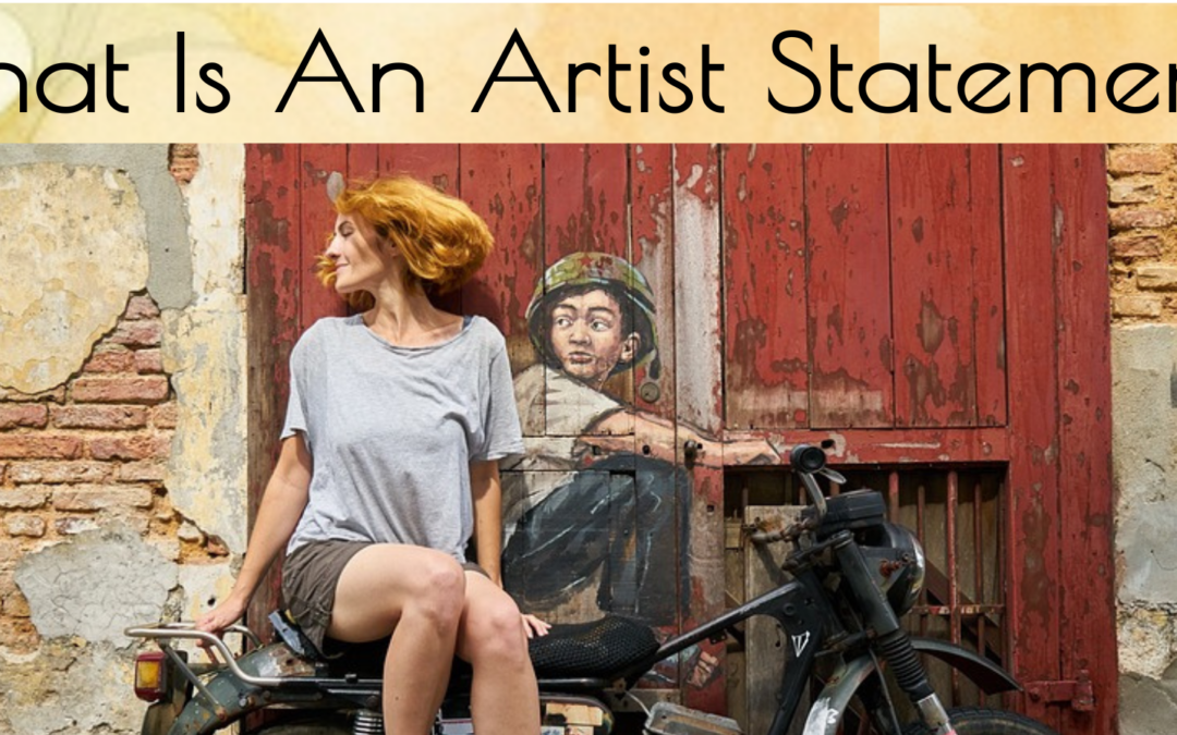 What is an artist statement featured image with lady in dress sitting on back of motor cycle against a brick wall with painting