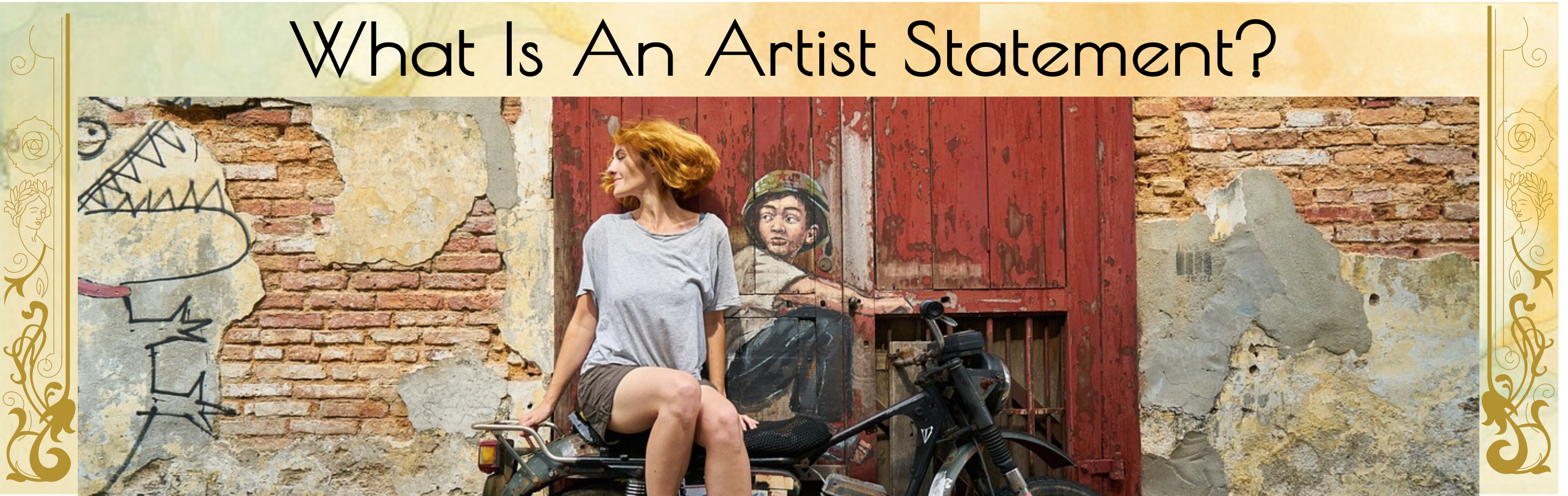 What is an artist statement featured image with lady in dress sitting on back of motor cycle against a brick wall with painting